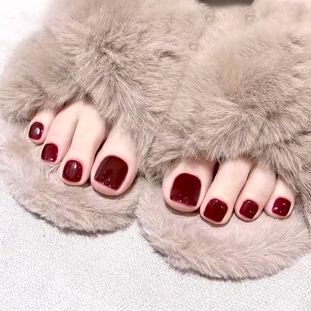 Nails Fake Deep Red Press On Toenails Short Stylish Trendy Glossy Reusable Glam